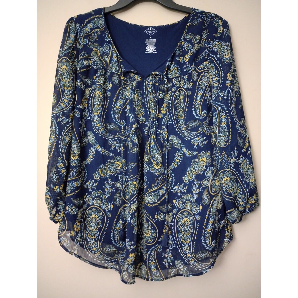 St. John Bay Blue Blouse Semi Sheer Sleeves Tassels Size Medium